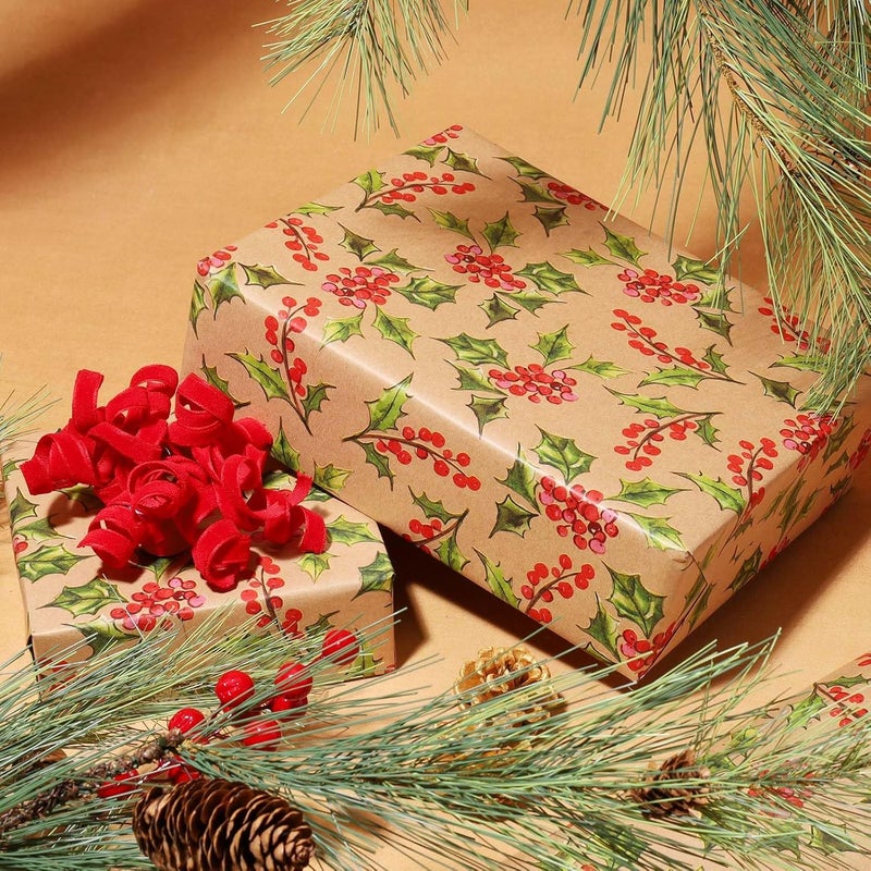 LaRibbons Kraft Christmas Wrapping Paper Mini Roll, Holly Leaves and Red Berries Pattern, for Classic Christmas, Winter Holiday Gift Wrapping, 17" x 33' (46.7 sq. ft) - Image 4